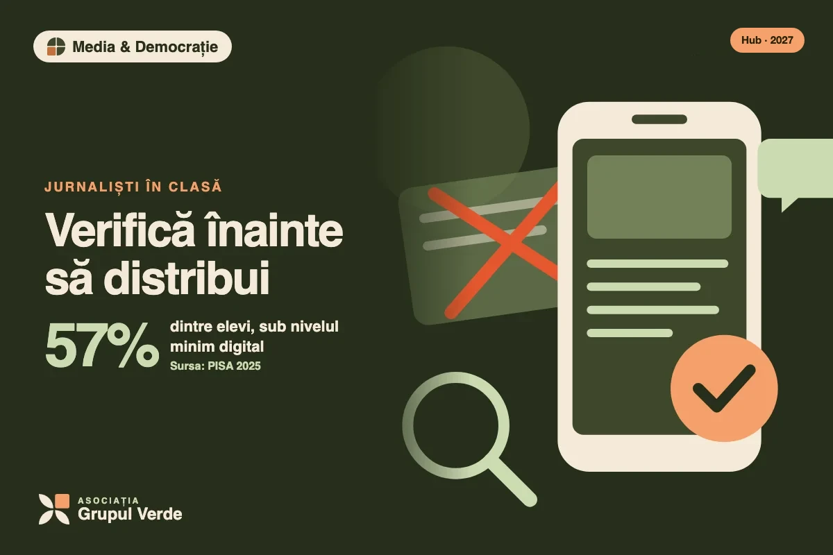 Ilustrație: Verifică înainte să distribui — Media & Democrație, Hubul de Inovație Verde